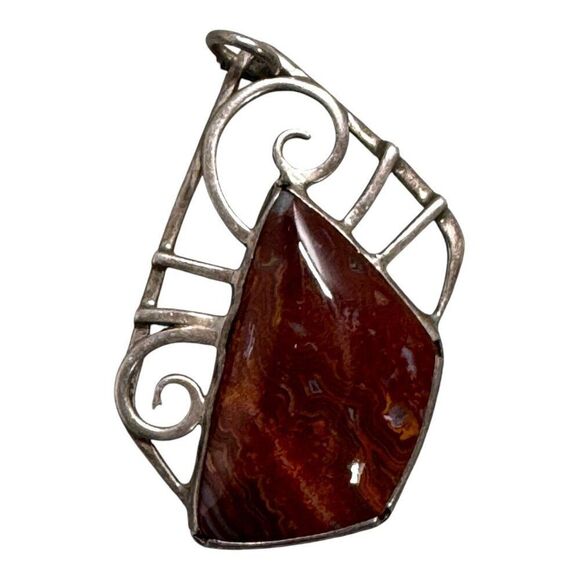 Vintage Silver & Red Jasper Artisan Pendant Art Deco Elegant Design Statement 2" - Picture 1 of 4